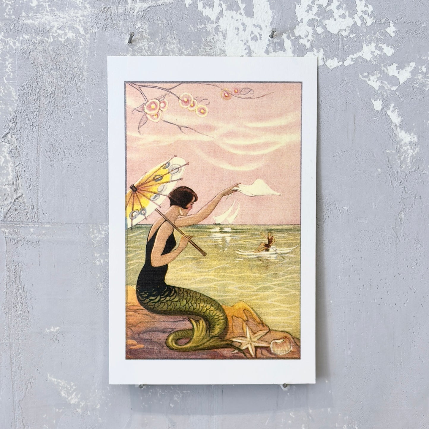 Mermaid with Parasol Waving To Rower Postcard
