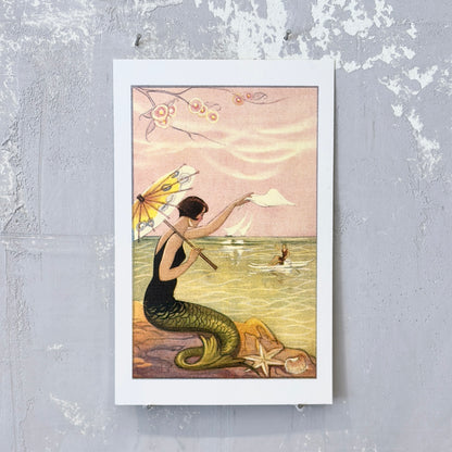 Mermaid with Parasol Waving To Rower Postcard