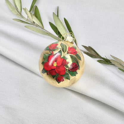 Golden Glass Ball Ornament With Red Flowers