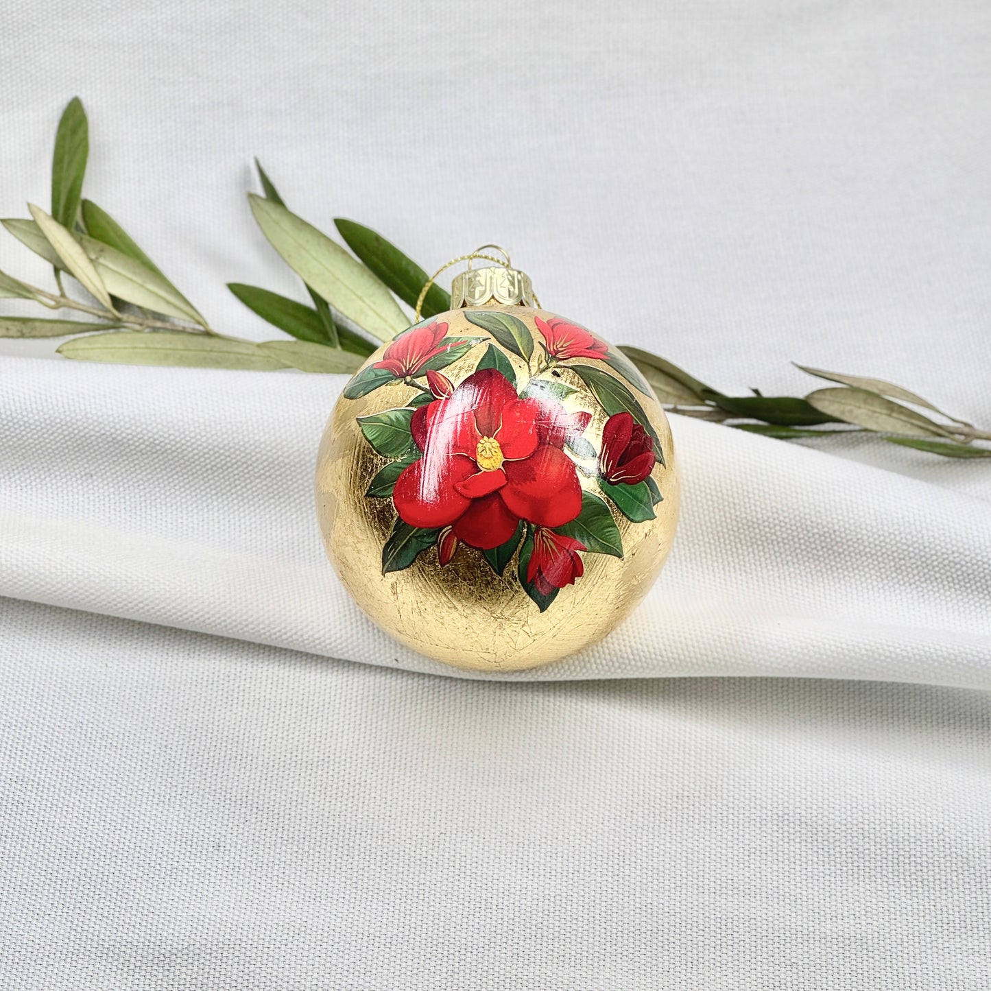 Golden Glass Ball Ornament With Red Flowers
