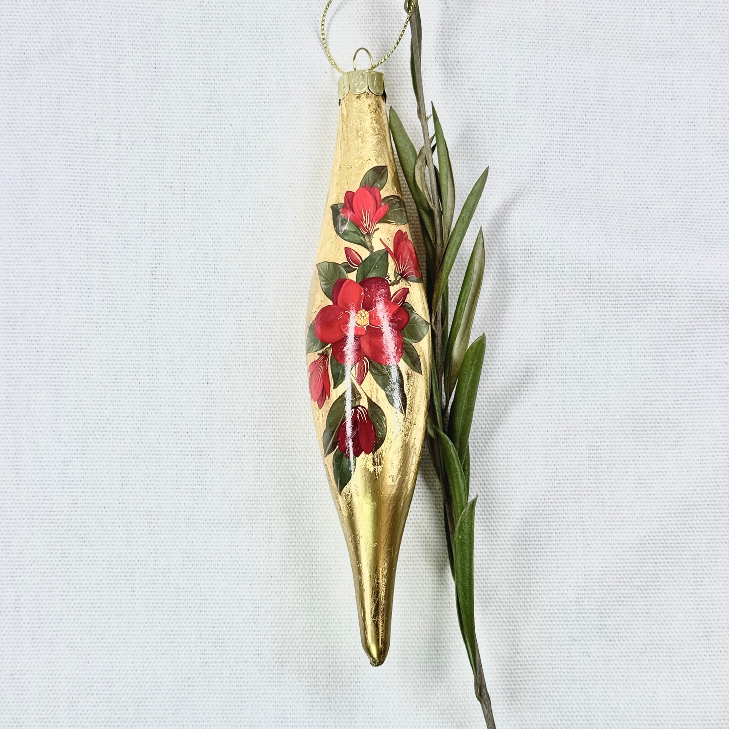 Gold Teardrop Ornament With Flowers