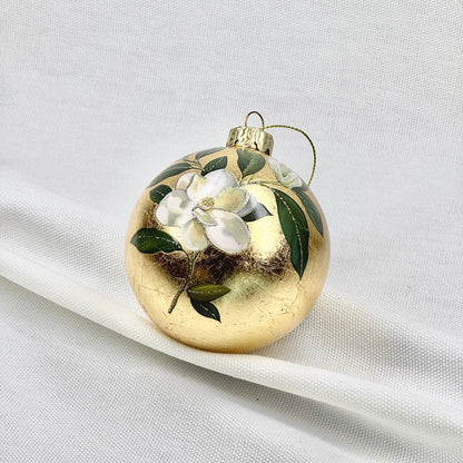 Golden Glass Ball Ornament With White Flowers