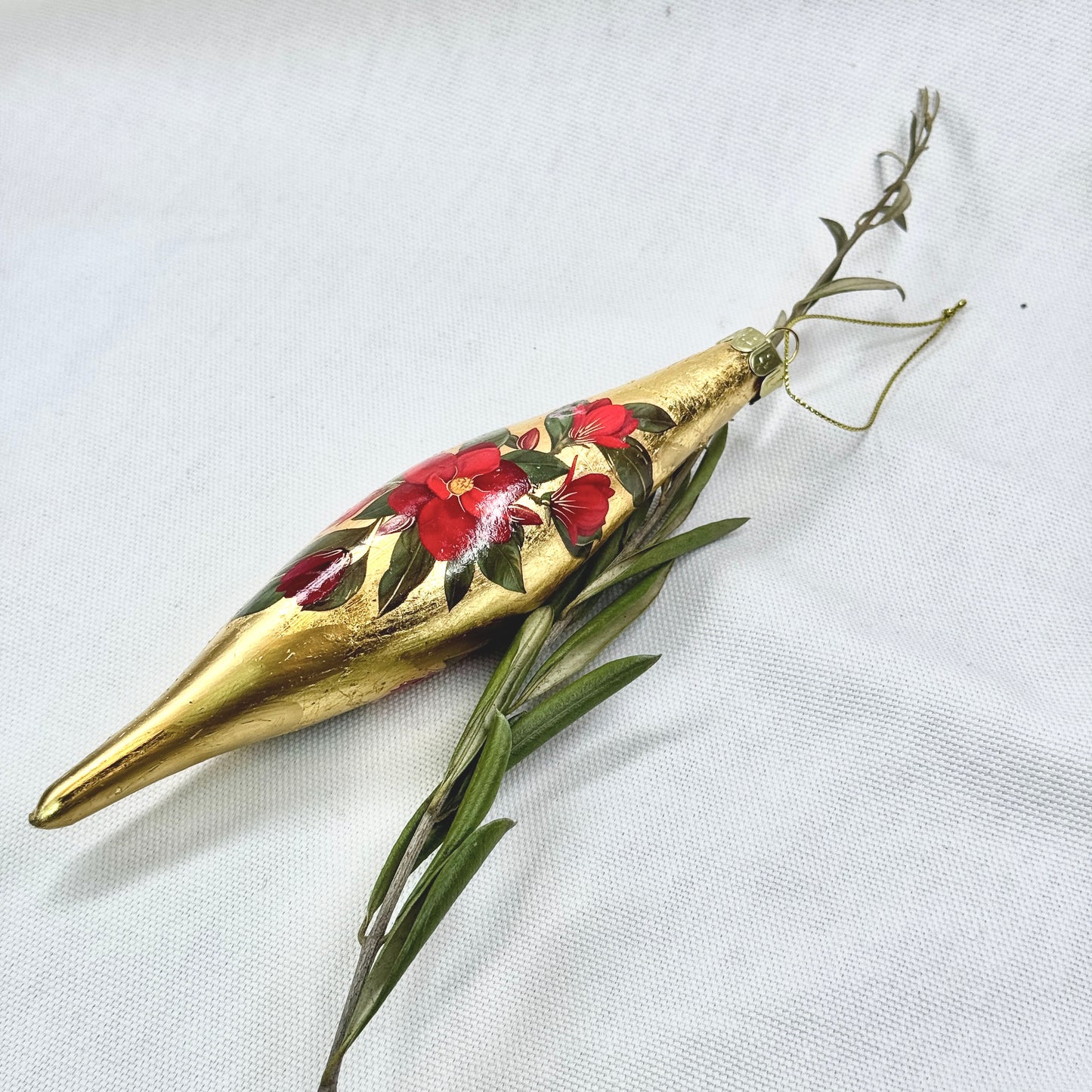Gold Teardrop Ornament With Flowers