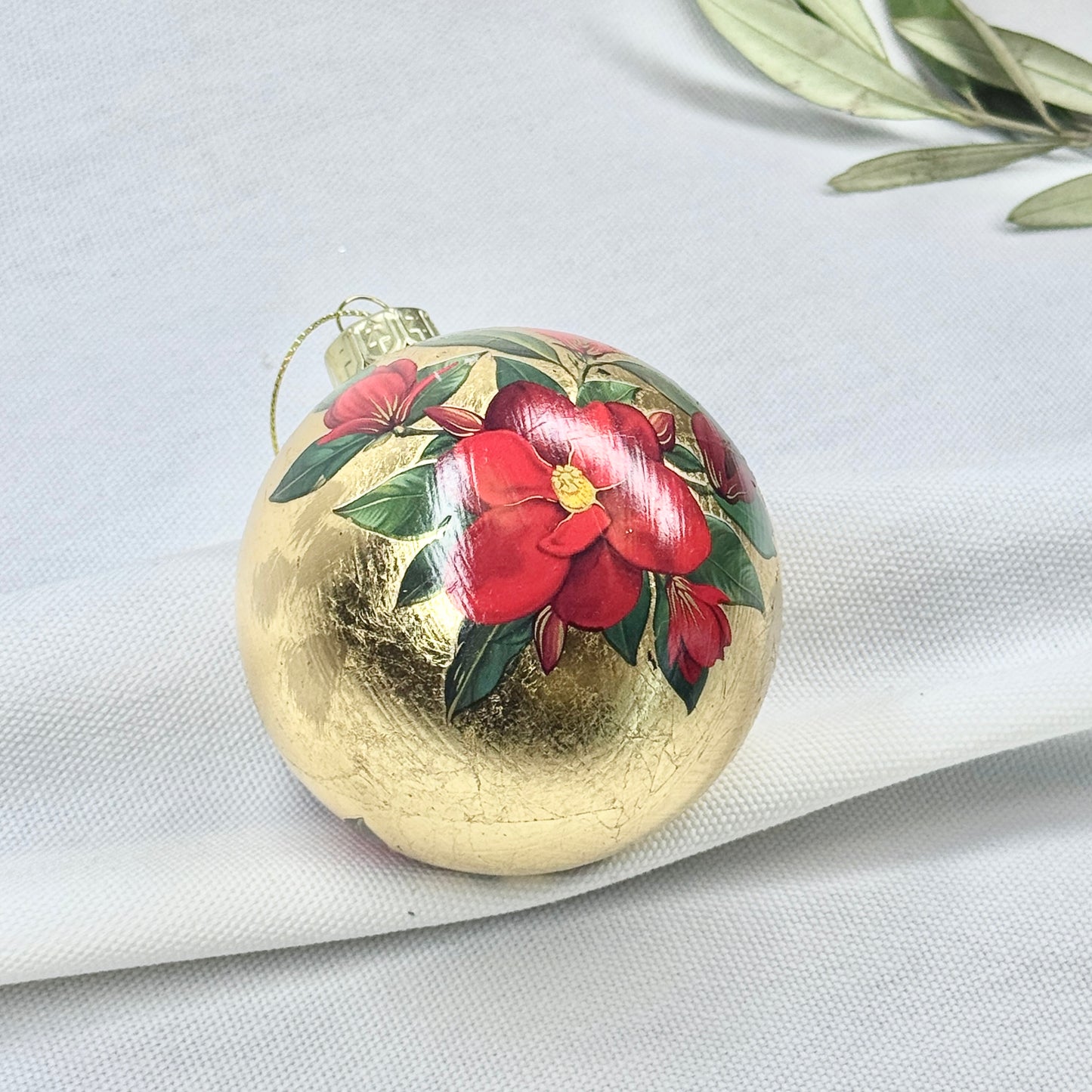Golden Glass Ball Ornament With Red Flowers
